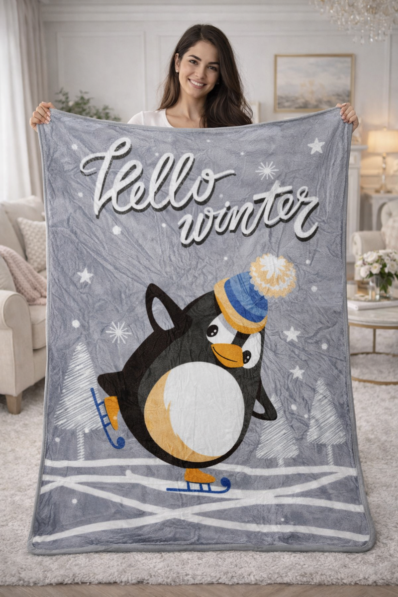 Lightweight Soft Plush Velvet Fleece 2 way Printed Blanket for 1 -7 Year Olds - Hello Winter