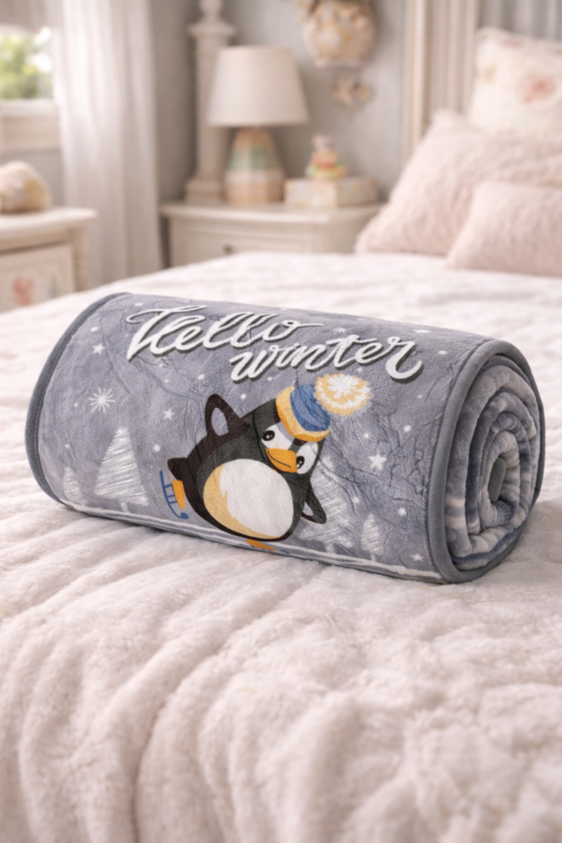 Lightweight Soft Plush Velvet Fleece 2 way Printed Blanket for 1 -7 Year Olds - Hello Winter