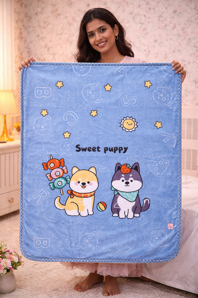 Kradyl Kroft Plush Double Layered Velvet with Two Side Printed Kids Blanket - Sweet Puppy Blue