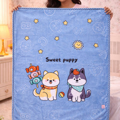Kradyl Kroft Plush Double Layered Velvet with Two Side Printed Kids Blanket - Sweet Puppy Blue