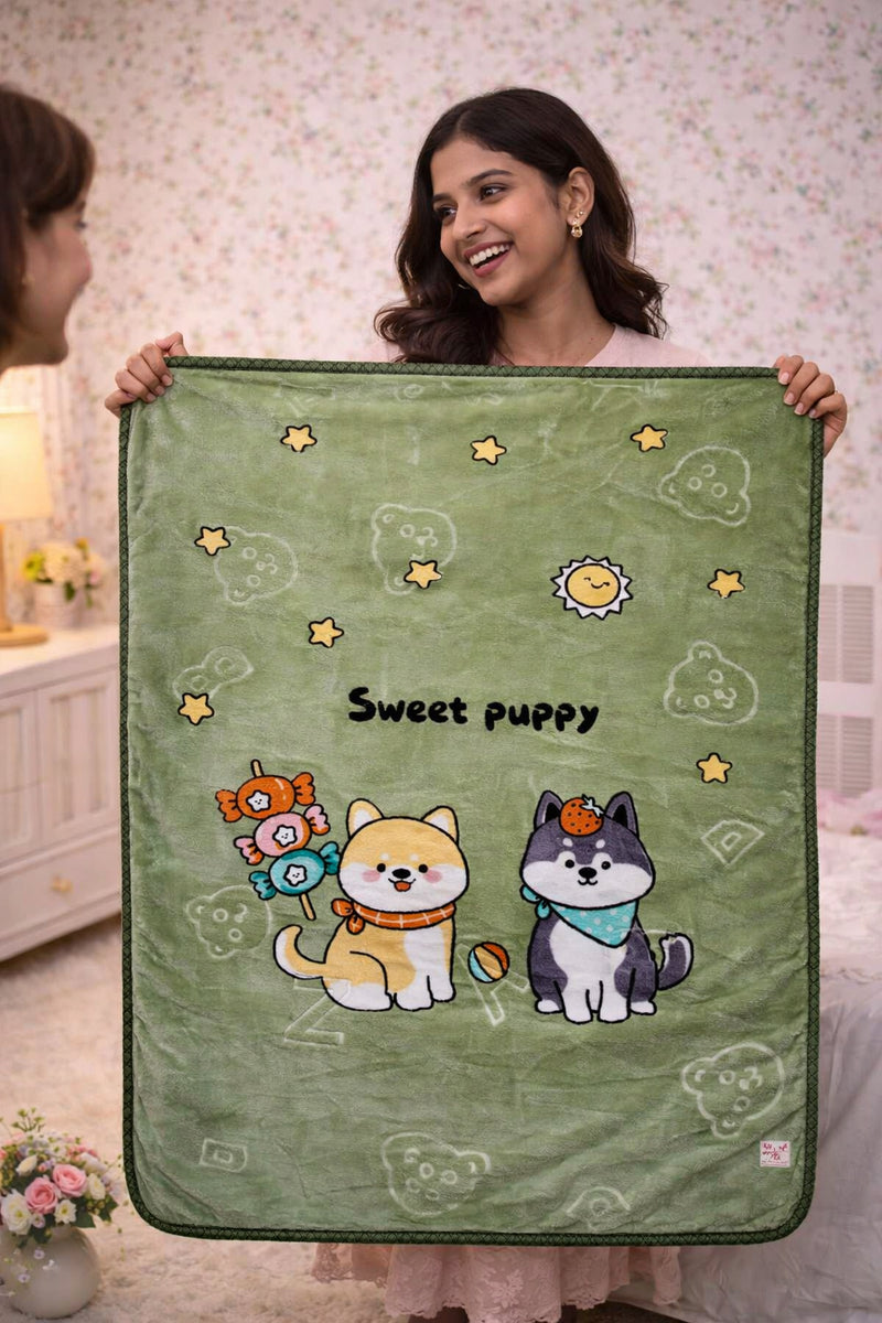 Kradyl Kroft Plush Double Layered Velvet with Two Side Printed Kids Blanket - Sweet Puppy Green