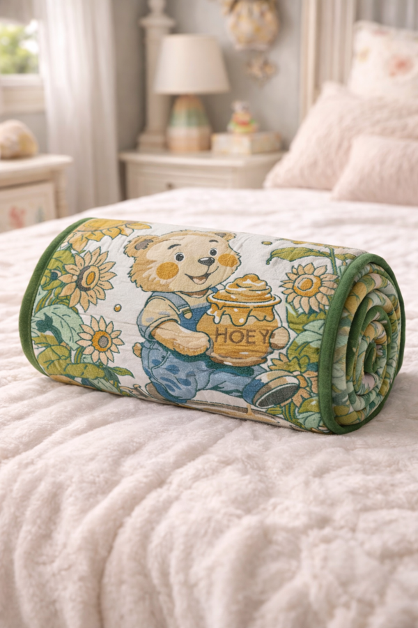 Lightweight Soft Plush Velvet Fleece 2 way Printed Blanket for 1 -7 Year Olds - HoneyBear