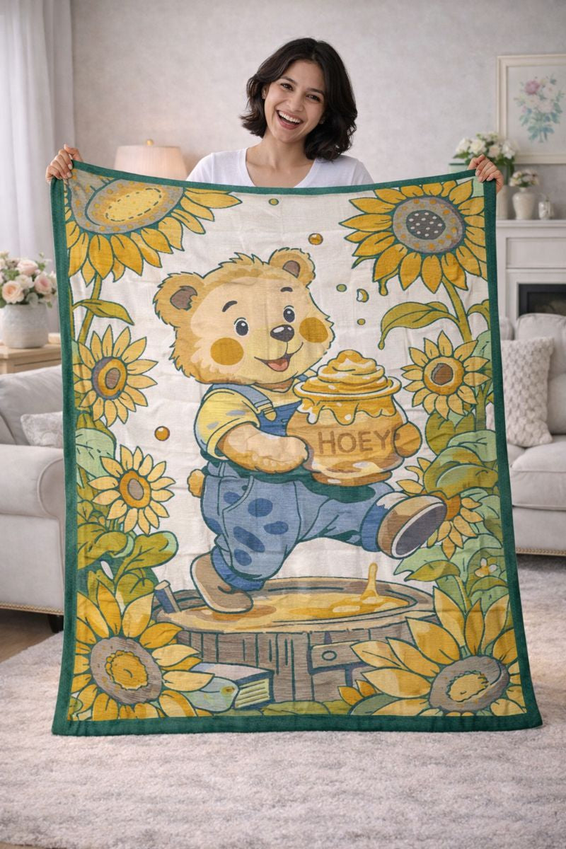 Lightweight Soft Plush Velvet Fleece 2 way Printed Blanket for 1 -7 Year Olds - HoneyBear