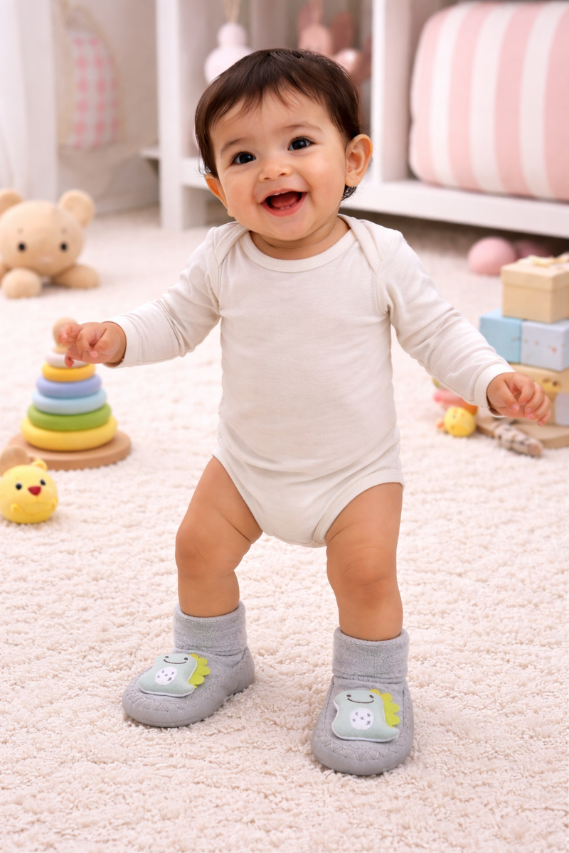 Grey Dino- Baby Sock Shoes for Infants Babies - 6 to 18 Months