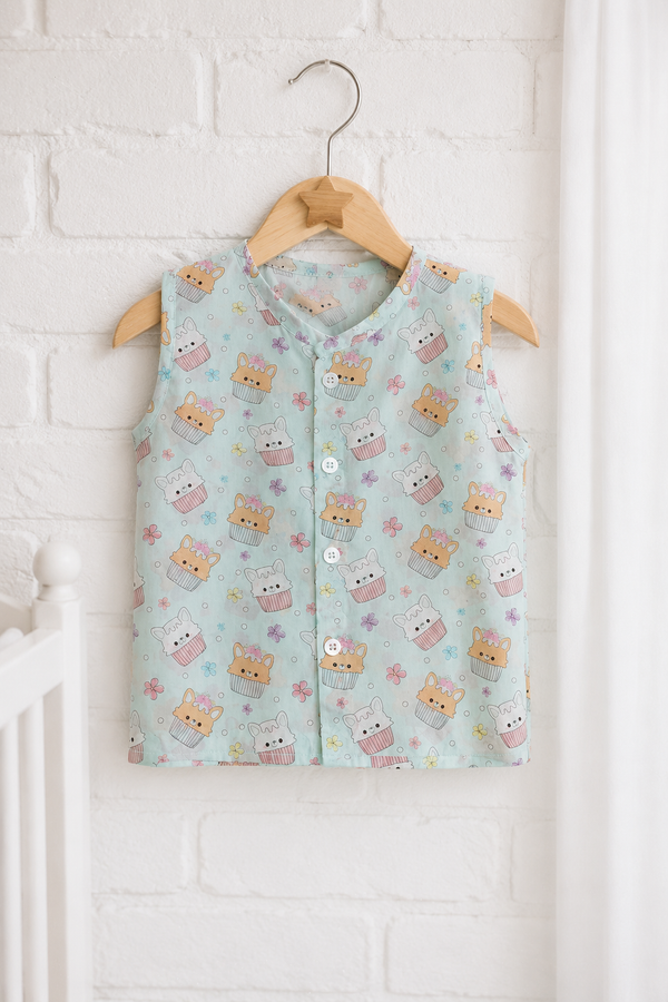 1 Pc Sleeveless Premium Bamboo Muslin Unisex Jhabla Vest - Blue Cupcake