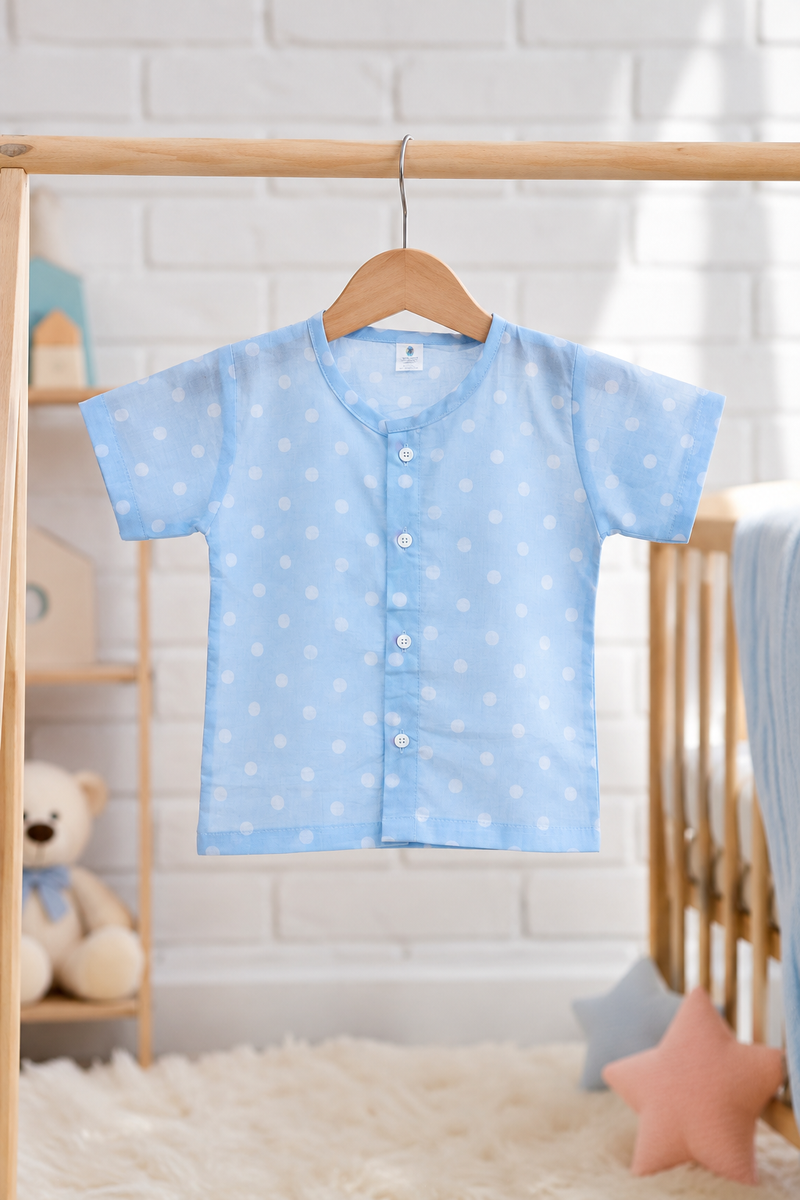 1 Pc Short Sleeve 60s Count 100% Cotton Cambric Muslin Unisex Jhabla Vest - Blue Polka