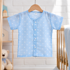 1 Pc Short Sleeve 60s Count 100% Cotton Cambric Muslin Unisex Jhabla Vest - Blue Polka