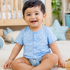 1 Pc Short Sleeve 60s Count 100% Cotton Cambric Muslin Unisex Jhabla Vest - Blue Polka