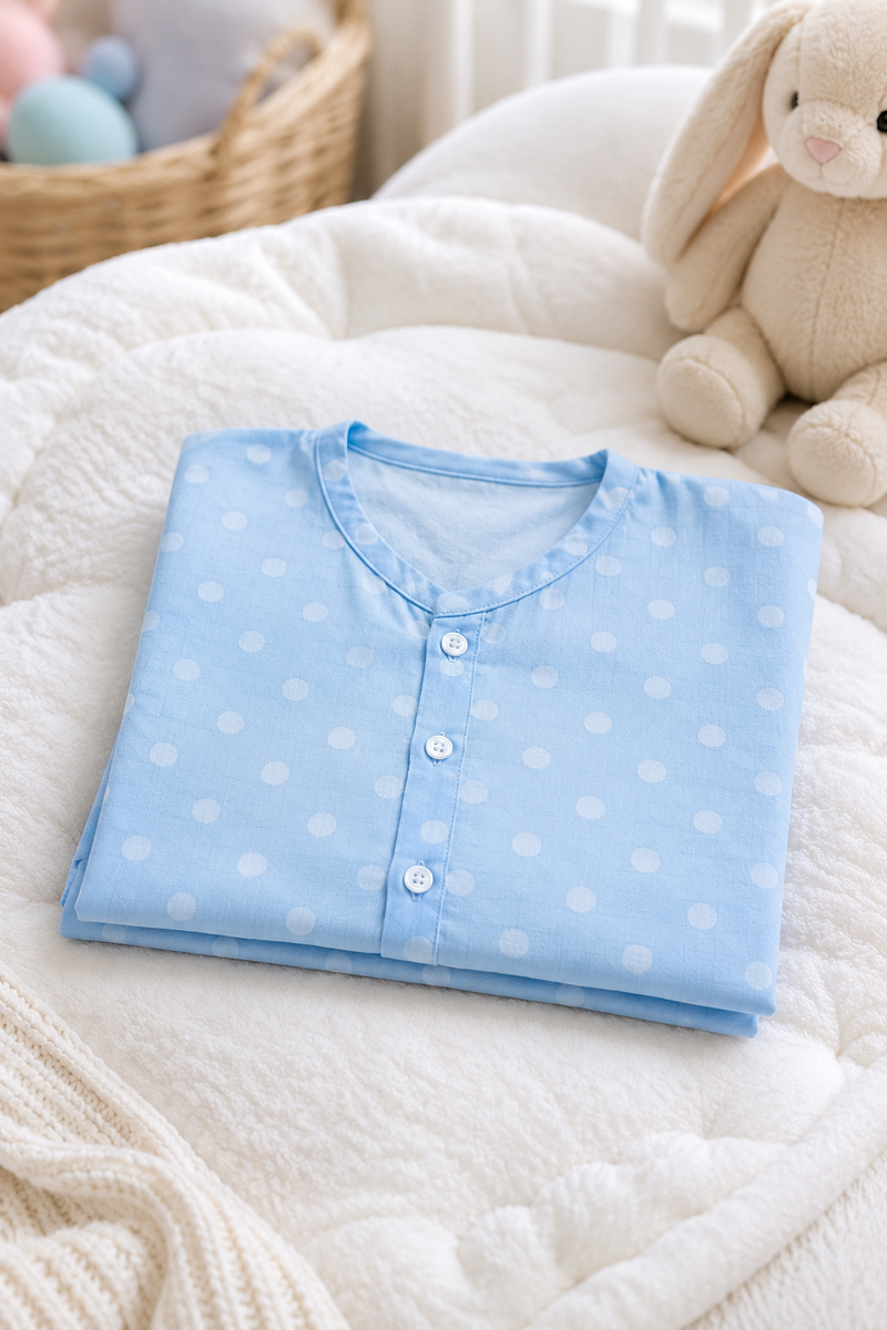1 Pc Short Sleeve 60s Count 100% Cotton Cambric Muslin Unisex Jhabla Vest - Blue Polka