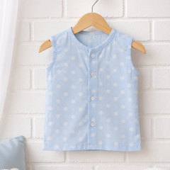 1 Pc Sleeveless 60s Count 100% Cotton Cambric Muslin Unisex Jhabla Vest - Blue Polka