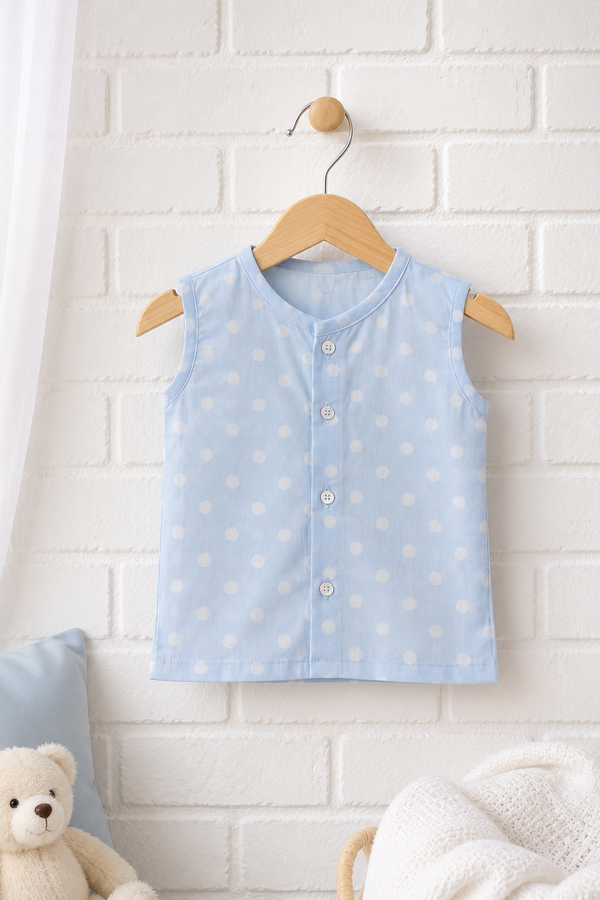 1 Pc Sleeveless 60s Count 100% Cotton Cambric Muslin Unisex Jhabla Vest - Blue Polka