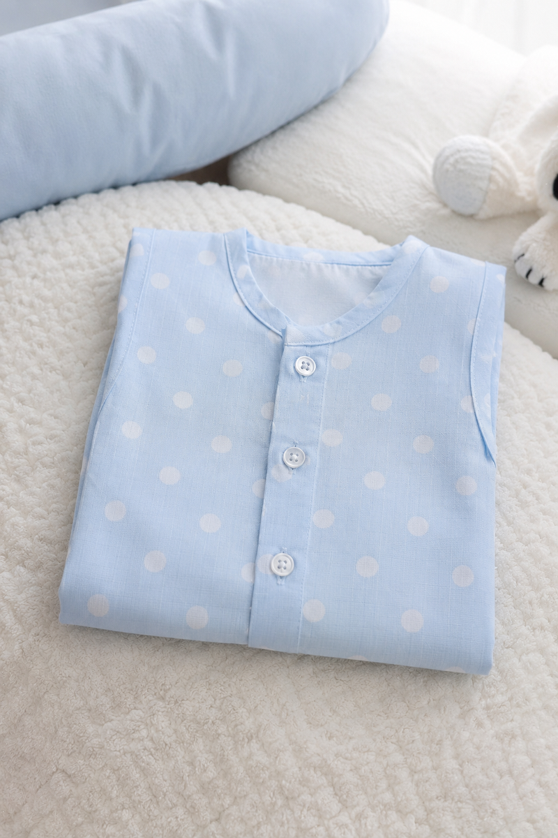 1 Pc Sleeveless 60s Count 100% Cotton Cambric Muslin Unisex Jhabla Vest - Blue Polka