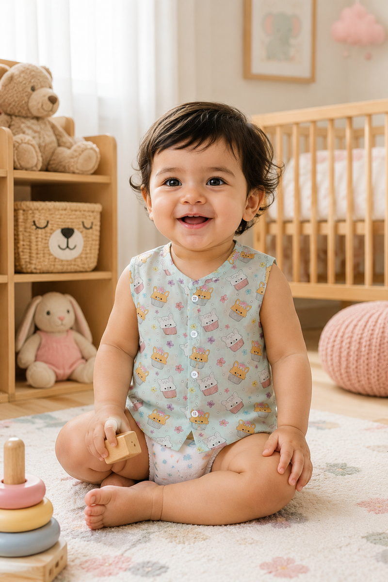1 Pc Sleeveless Premium Bamboo Muslin Unisex Jhabla Vest - Blue Cupcake