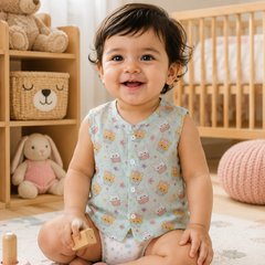 1 Pc Sleeveless Premium Bamboo Muslin Unisex Jhabla Vest - Blue Cupcake