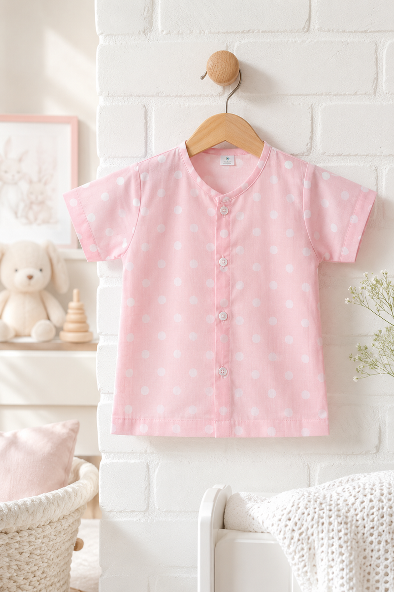 1 Pc Short Sleeve 60s Count 100% Cotton Cambric Muslin Unisex Jhabla Vest - Pink Polka