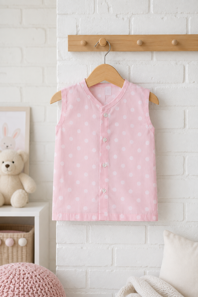 1 Pc Sleeveless 60s Count 100% Cotton Cambric Muslin Unisex Jhabla Vest - Pink Polka