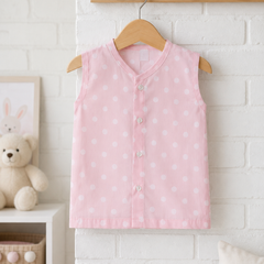 1 Pc Sleeveless 60s Count 100% Cotton Cambric Muslin Unisex Jhabla Vest - Pink Polka
