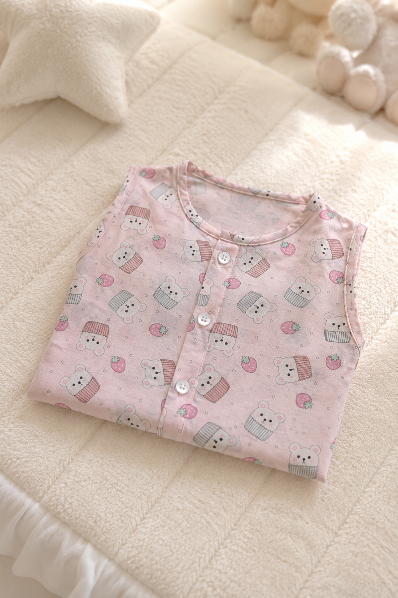 1 Pc Sleeveless Premium Bamboo Muslin Unisex Jhabla Vest - Pink Cupcake