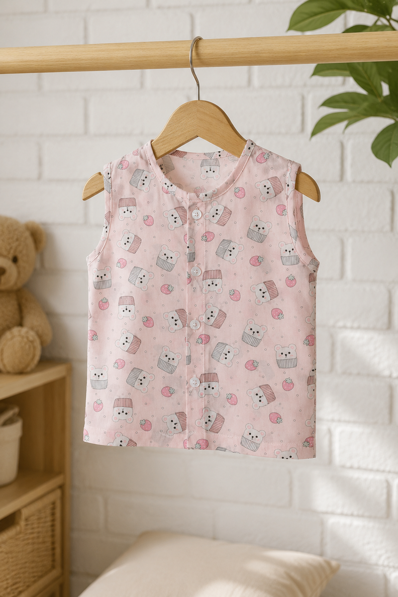 1 Pc Sleeveless Premium Bamboo Muslin Unisex Jhabla Vest - Pink Cupcake