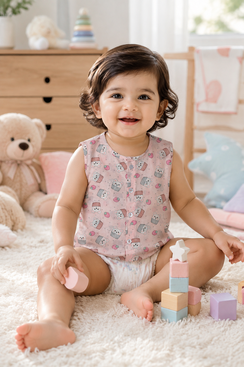 1 Pc Sleeveless Premium Bamboo Muslin Unisex Jhabla Vest - Pink Cupcake