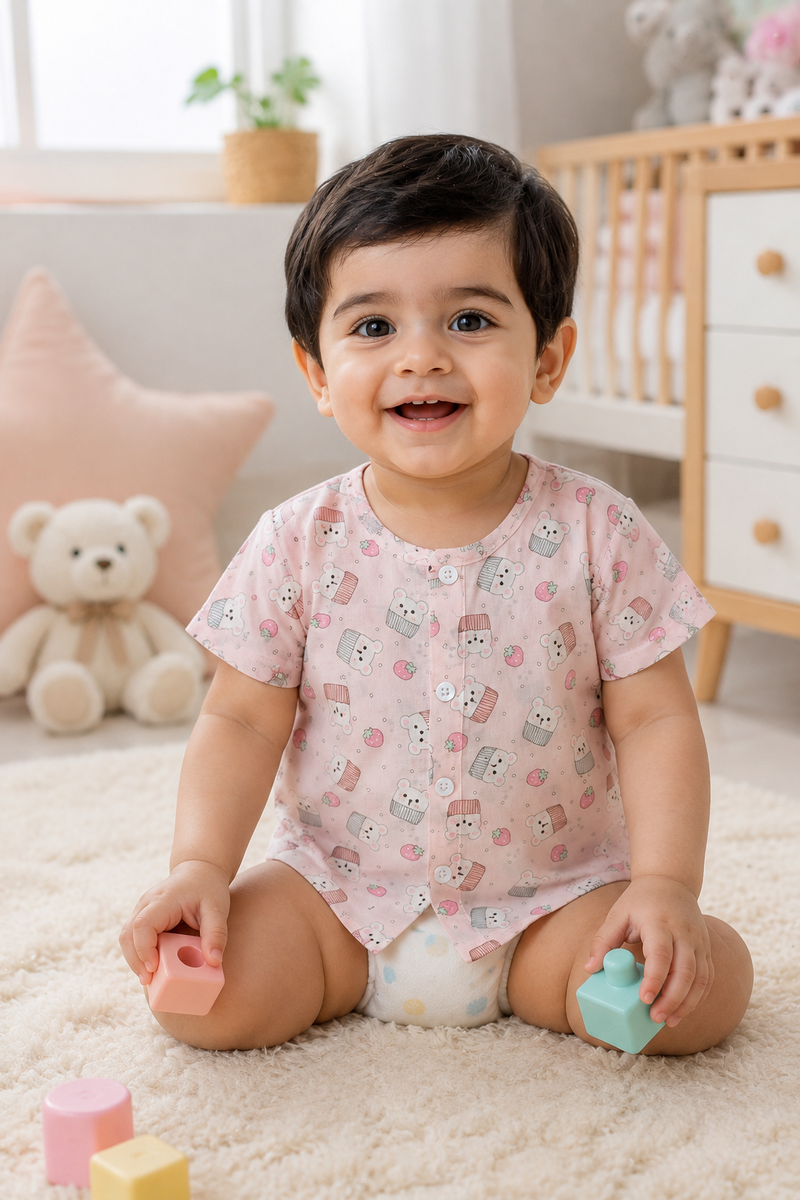 1 Pc Short Sleeve Premium Bamboo Muslin Unisex Jhabla Vest - Pink Cupcake