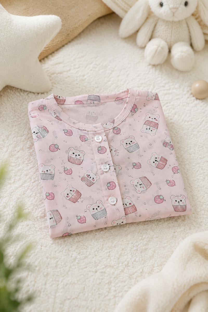 1 Pc Short Sleeve Premium Bamboo Muslin Unisex Jhabla Vest - Pink Cupcake