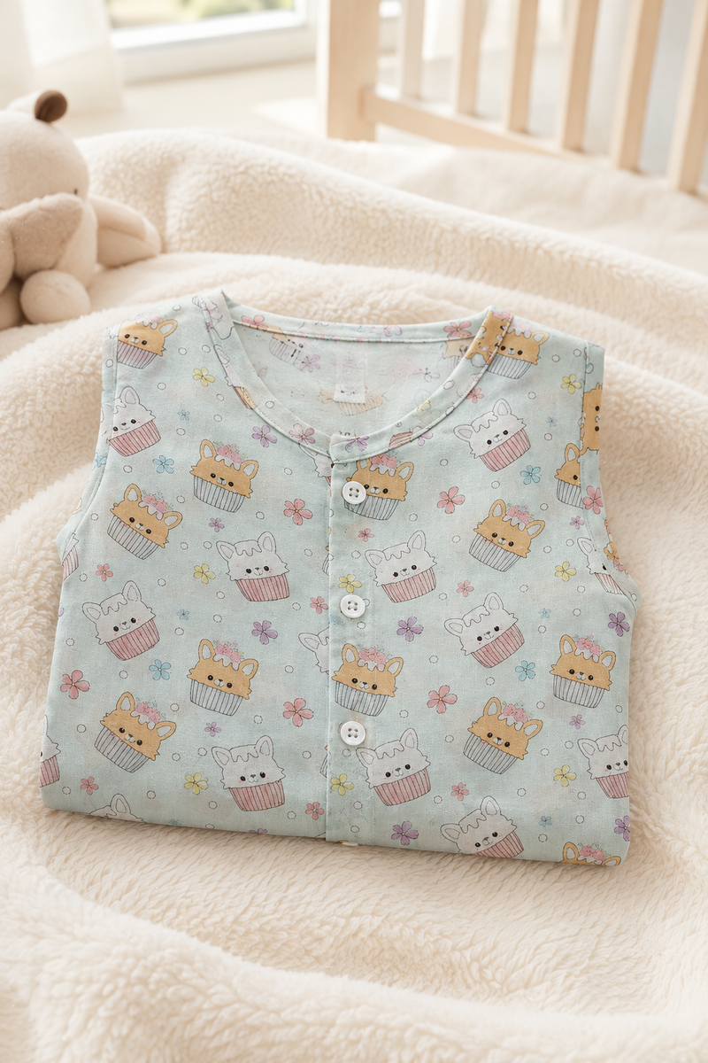 1 Pc Sleeveless Premium Bamboo Muslin Unisex Jhabla Vest - Blue Cupcake