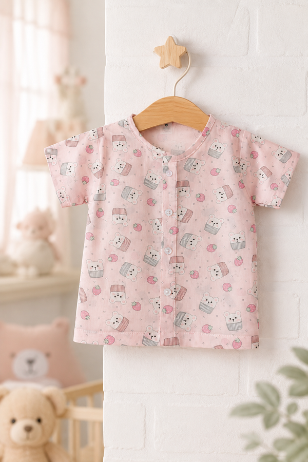 1 Pc Short Sleeve Premium Bamboo Muslin Unisex Jhabla Vest - Pink Cupcake