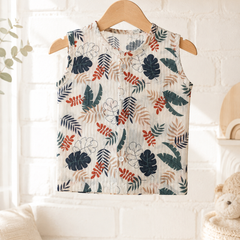1 Pc Sleeveless 60s Count 100% Cotton Cambric Muslin Unisex Jhabla Vest - Happy Leaves