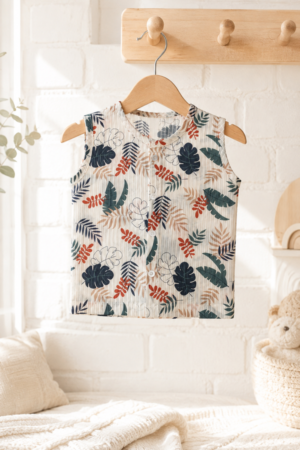 1 Pc Sleeveless 60s Count 100% Cotton Cambric Muslin Unisex Jhabla Vest - Happy Leaves