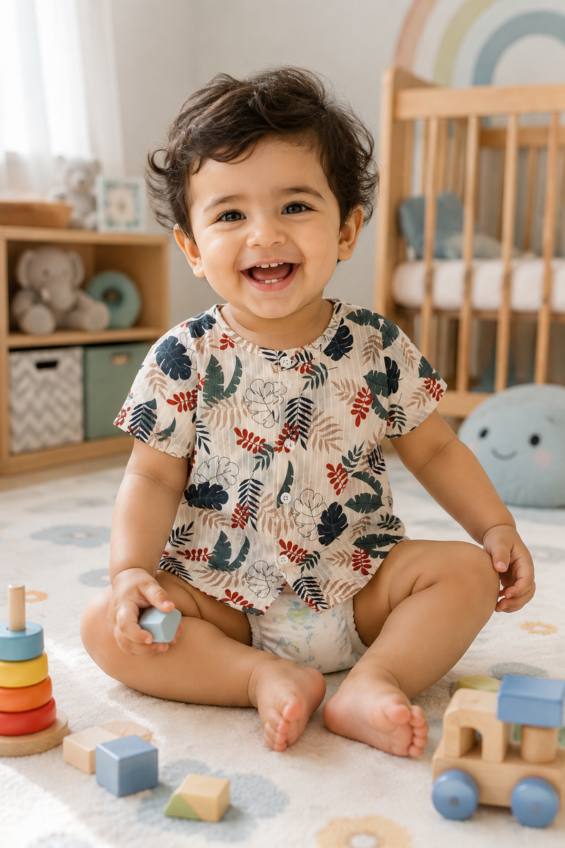1 Pc Short Sleeve 60s Count 100% Cotton Cambric Muslin Unisex Jhabla Vest - Happy Leaves