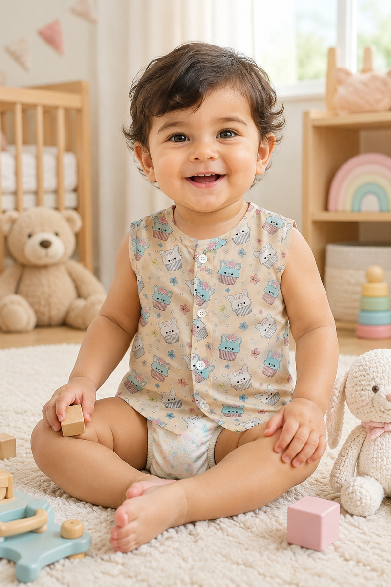 1 Pc Sleeveless Premium Bamboo Muslin Unisex Jhabla Vest - Beige Cupcake