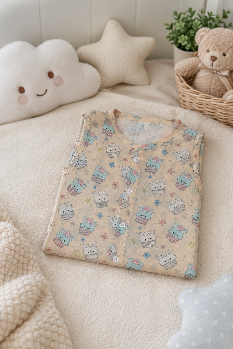 1 Pc Sleeveless Premium Bamboo Muslin Unisex Jhabla Vest - Beige Cupcake