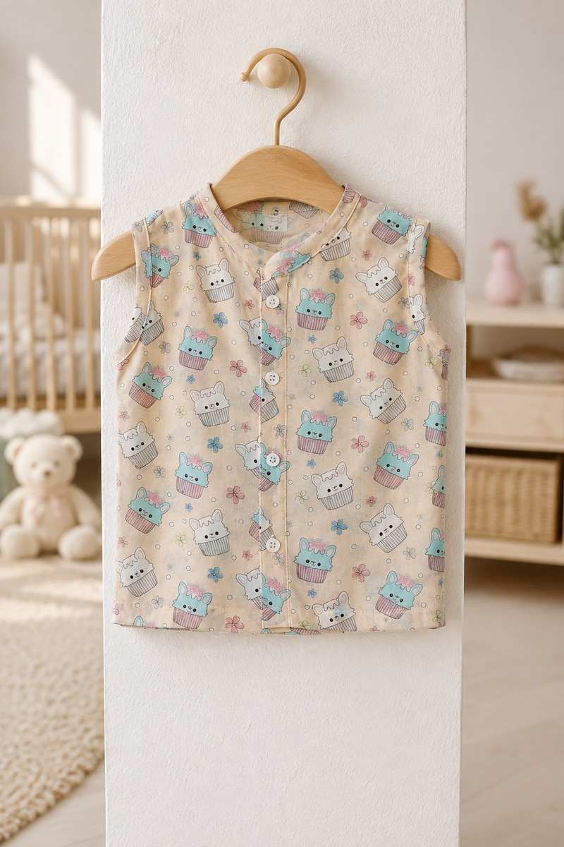 1 Pc Sleeveless Premium Bamboo Muslin Unisex Jhabla Vest - Beige Cupcake
