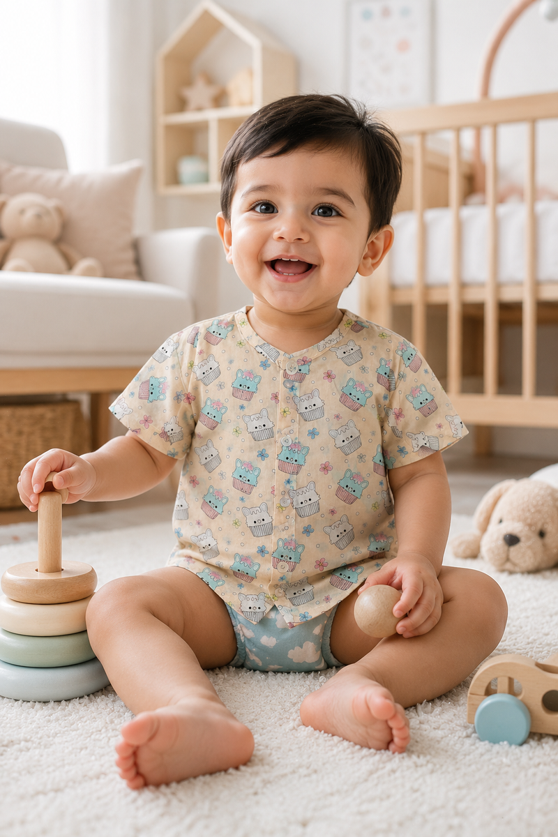 1 Pc Short Sleeve Premium Bamboo Muslin Unisex Jhabla Vest - Beige Cupcake