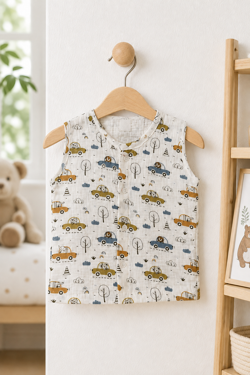 1 Pc Sleeveless Premium Crinkled Double Layered Soft Unisex Muslin Jhabla Vest - Car1