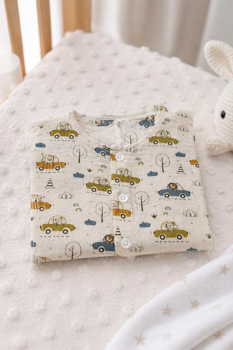 1 Pc Short Sleeve Premium Crinkled Double Layered Soft Unisex Muslin Jhabla Vest - Car2
