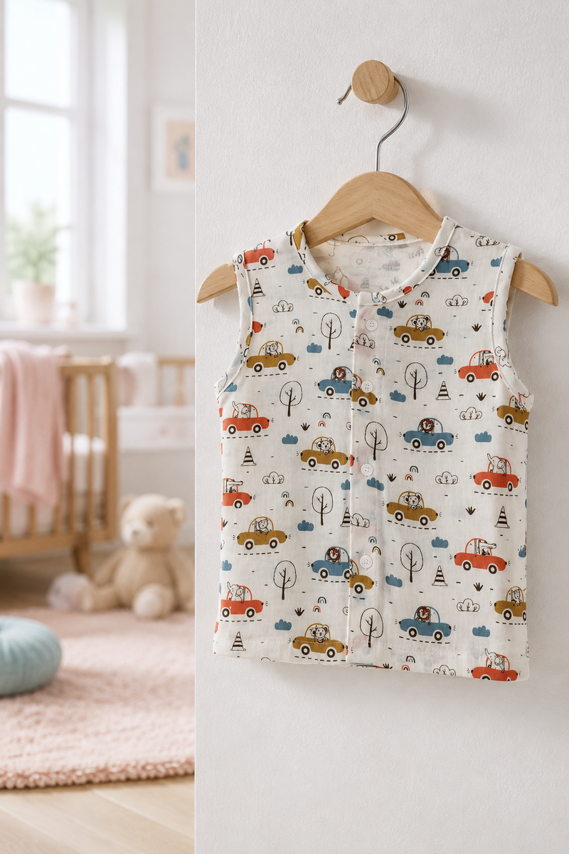 1 Pc Sleeveless Premium Crinkled Double Layered Soft Unisex Muslin Jhabla Vest - Car1
