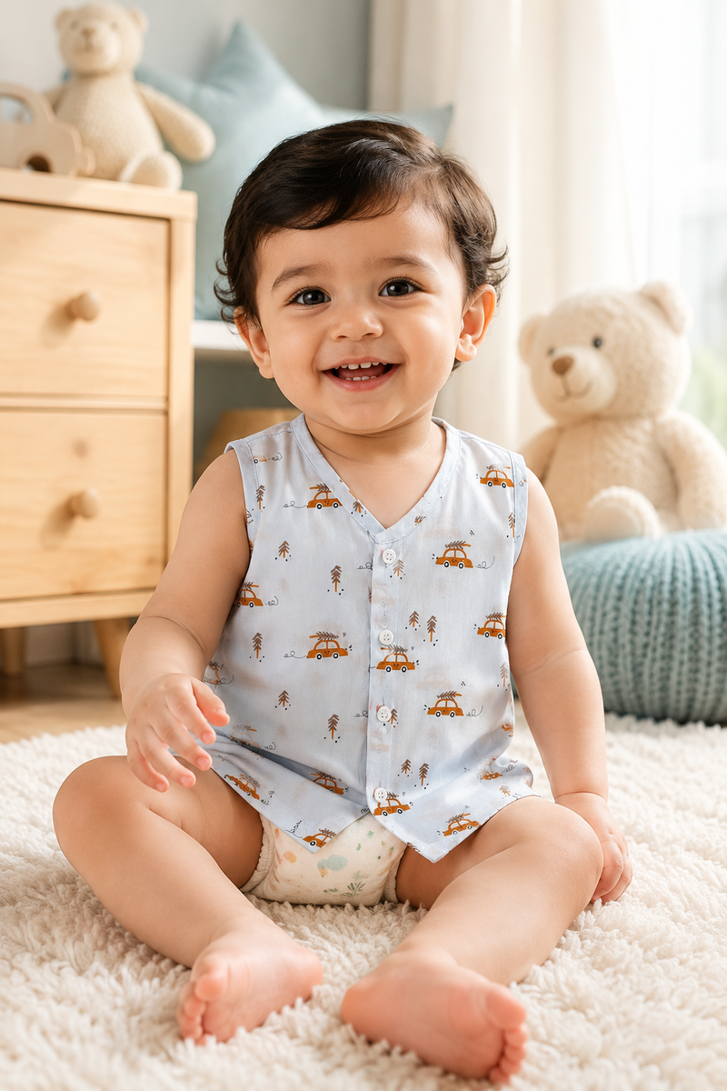 1 Pc Sleeveless 60s Count 100% Cotton Cambric Muslin Unisex Jhabla Vest - City Car
