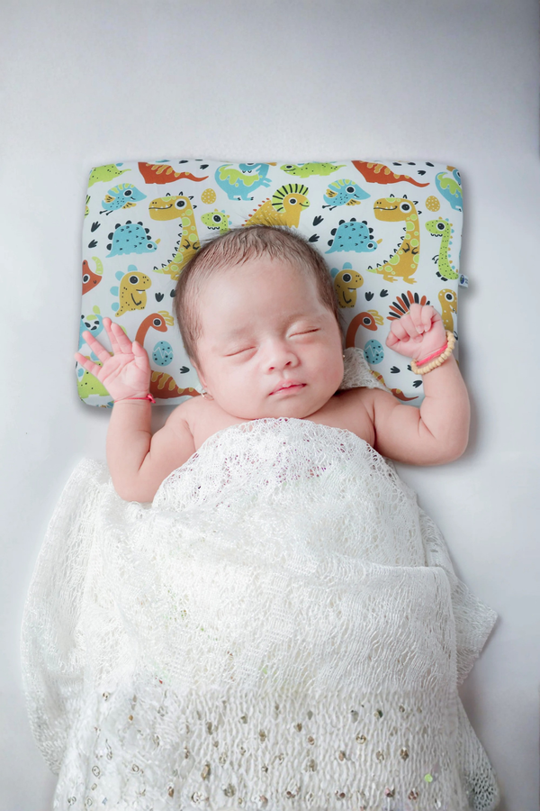 Kradyl Kroft Baby Head Shaping Pillow with 100% Cotton Removable Cover | Applr Biogen Foam Construct | New Born Pillow for Flat Head Prevention - Cute Dinos