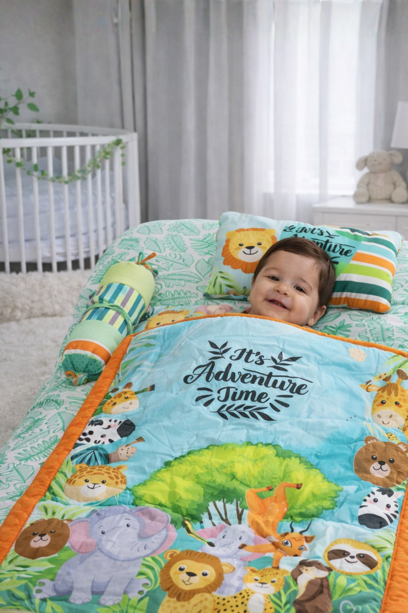Kradyl Kroft 6 Pc Bedding Set for Infants | Baby Bedding Set | Baby Mattress with Quilt | Side Pillows | Head Pillow (JungleFun)
