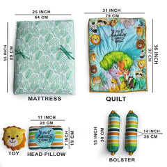 Kradyl Kroft 6 Pc Bedding Set for Infants | Baby Bedding Set | Baby Mattress with Quilt | Side Pillows | Head Pillow (JungleFun)