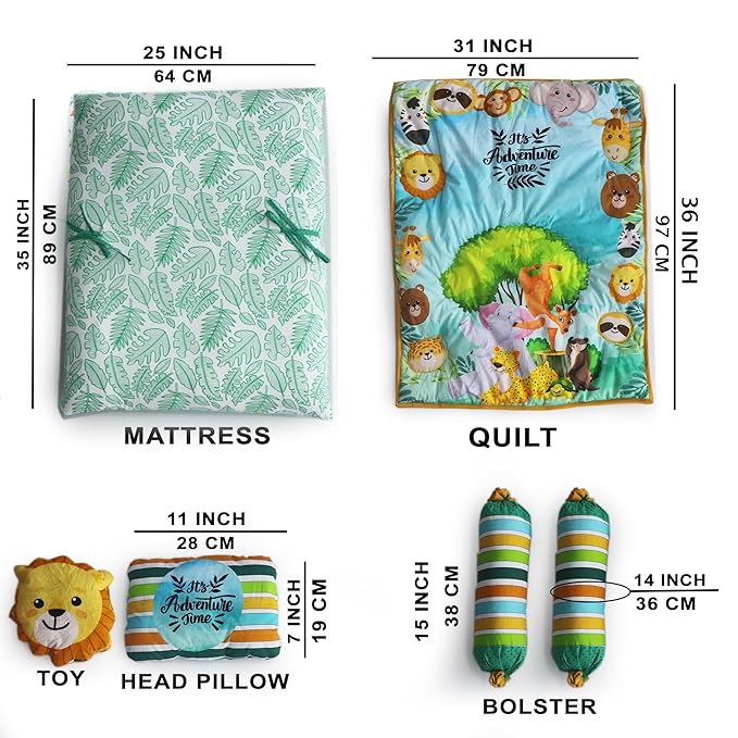 Kradyl Kroft 6 Pc Bedding Set for Infants | Baby Bedding Set | Baby Mattress with Quilt | Side Pillows | Head Pillow (JungleFun)