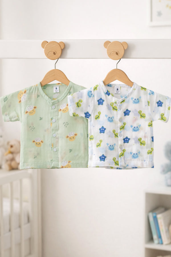 Set of 2 100% Cotton Muslin Jhablas | Short Sleeves Baby Jhablas - Starsy Plus