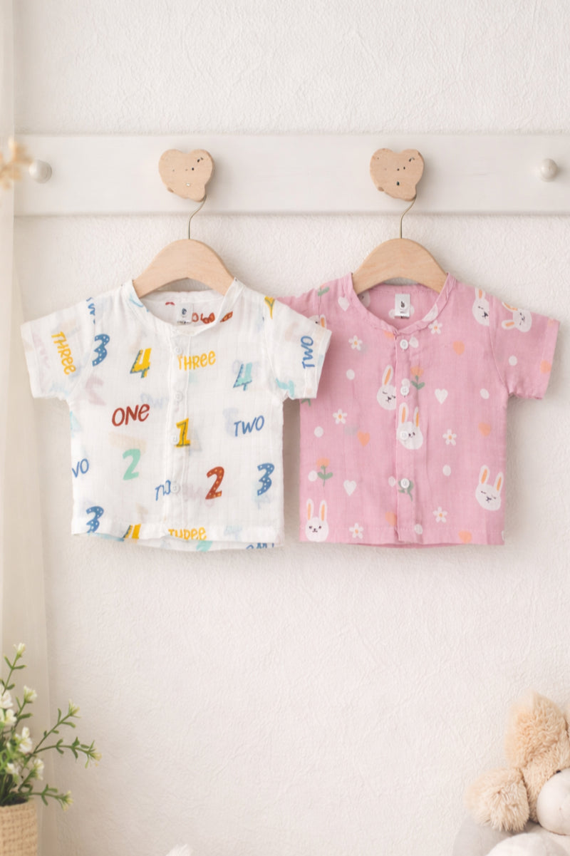 Set of 2 100% Cotton Muslin Jhablas | Short Sleeves Baby Jhablas - Pink Bunny Plus