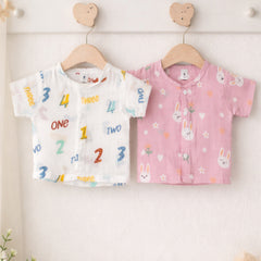Set of 2 100% Cotton Muslin Jhablas | Short Sleeves Baby Jhablas - Pink Bunny Plus