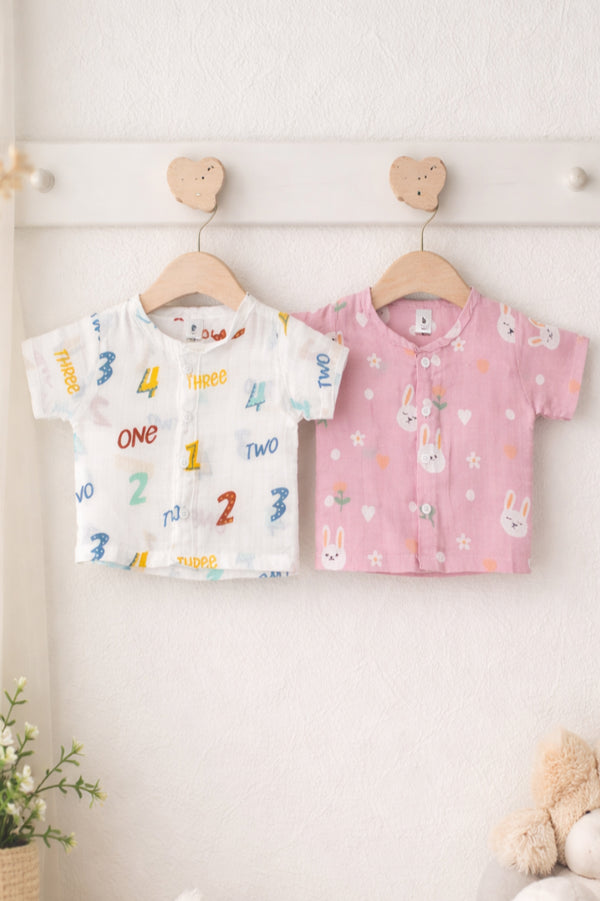 Set of 2 100% Cotton Muslin Jhablas | Short Sleeves Baby Jhablas - Pink Bunny Plus