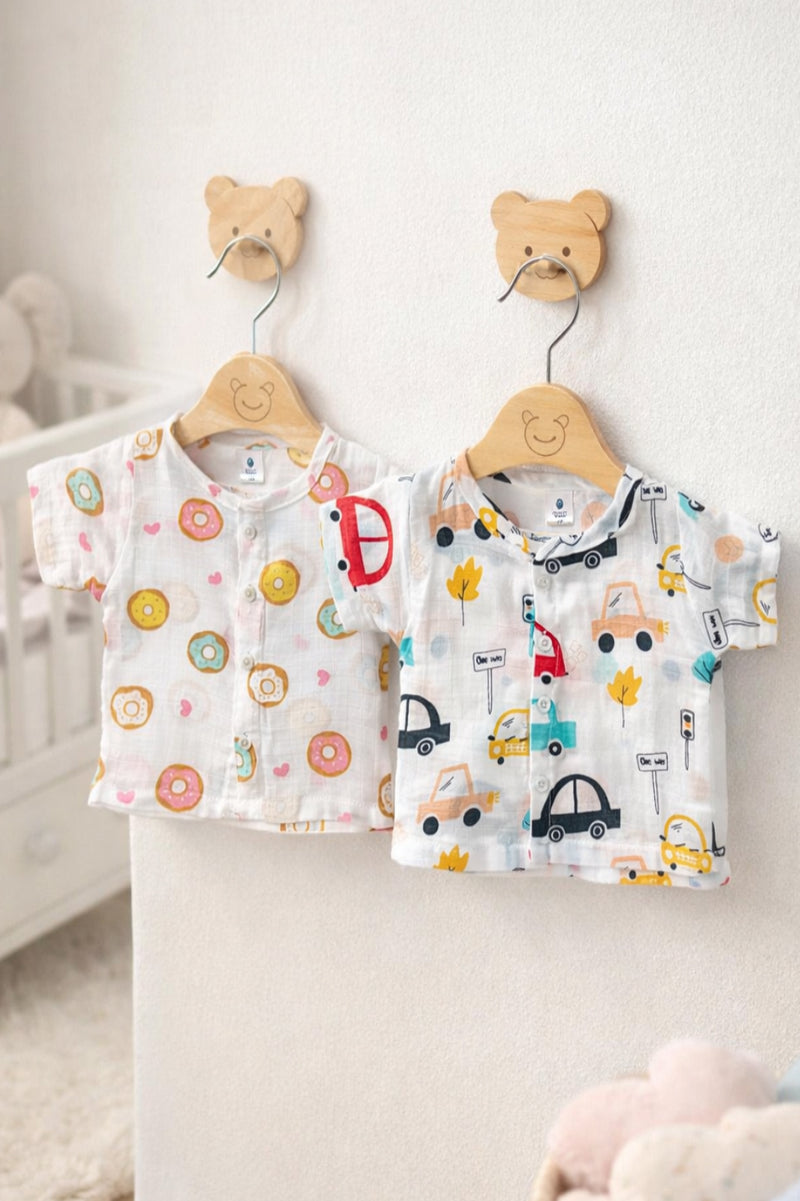Set of 2 100% Cotton Muslin Jhablas | Short Sleeves Baby Jhablas - Cars Plus