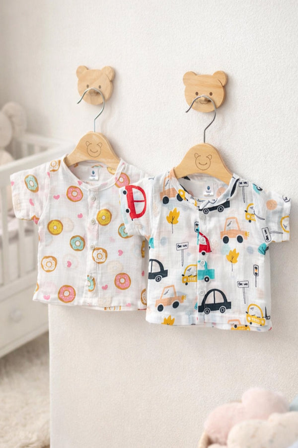 Set of 2 100% Cotton Muslin Jhablas | Short Sleeves Baby Jhablas - Cars Plus