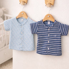 Set of 2 100% Cotton Muslin Jhablas | Short Sleeves Baby Jhablas - Navy Stripes Plus